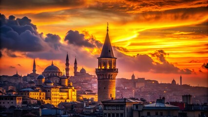Stunning Silhouette of Istanbul's Galata Tower Against a Breathtaking Sunset with Majestic Mosques in the Background, Capturing the Essence of Turkish Architecture and Culture