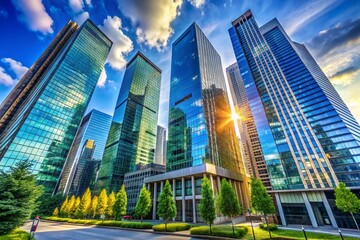Fototapeta premium Stunning Skyscrapers in the City Centre: A Dynamic View of Modern Business Office Buildings Against a Clear Blue Sky, Showcasing Urban Architecture and Economic Growth
