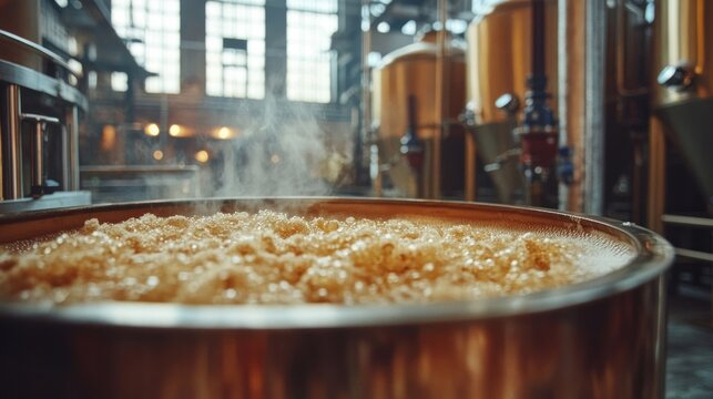 Brewing equipment mixing ingredients for craft beer production in an industrial setting