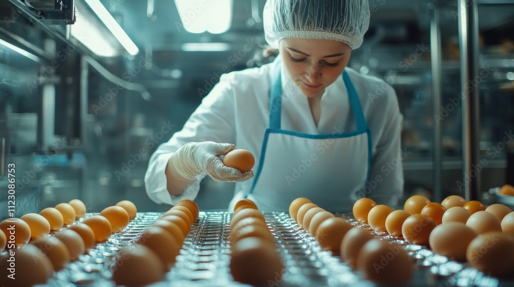 Poster a food technologist in a sterile environment checks fresh eggs, ensuring quality and safety in food 