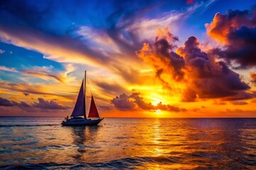 Fototapeta premium Stunning Sunset Sailing Silhouette with Vibrant Colors Over the Ocean Captured in Low Light Photography for a Serene and Dreamy Atmosphere