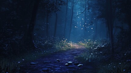 Fototapeta premium A serene forest path illuminated by soft blue light, with glowing particles and lush greenery creating a mystical atmosphere.