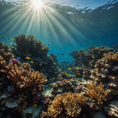 Naklejka premium A vibrant coral reef with sunlight streaming through the rippling water.