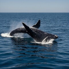 Fototapeta premium A pod of whales breaching the surface in the middle of the ocean.