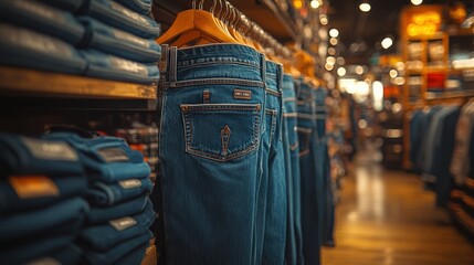 Fototapeta premium Jeans hanging on hangers in the store