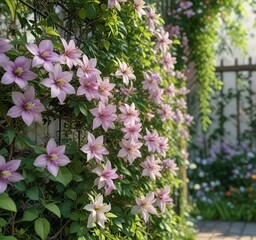 Fototapeta premium Delicate clematis flower in a lush green garden with vibrant flowers blooming on a trellis, vine, blossom, nature