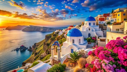 Obraz premium Stunning View of Santorini Island in Greece as a Background, Captured in Marche Region, Italy - A Breathtaking European Landscape for Travel and Adventure Enthusiasts