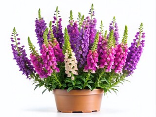 Naklejka premium Stunning Violet Snapdragon Flower Pot Featuring Angelonia Goyazensis and Digitalis Solicariifolia, Perfect for Home Interior Garden Decoration on a White Background