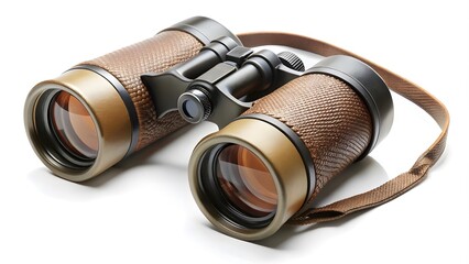 Vintage-Style Brown Binoculars with Leather Texture and Strap Isolated on White Background, High-Quality Optical Gear for Wildlife Observation, Birdwatching, Hiking, and Outdoor Exploration