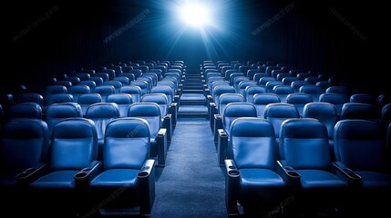 Fototapeta premium Empty movie theater with spotlight casting a solitary beam on the stage, symbolizing the power of imagination and the potential for new beginnings in a quiet, reflective space.