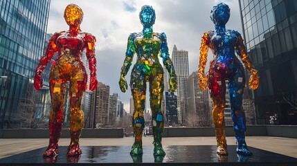 Fototapeta premium Giant plastic figures made from plastic waste stand in the city, reflecting the environmental issues in a powerful way, suitable for use in campaigns to reduce waste and raise environmental awareness.