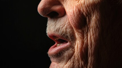 Fototapeta premium The detailed folds of skin around the mouth of an elderly man while speaking.