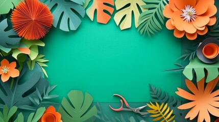 Obraz premium An arrangement of paper crafting tools forming a creative frame.