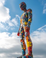 Fototapeta premium Giant plastic figures made from plastic waste stand in the city, reflecting the environmental issues in a powerful way, suitable for use in campaigns to reduce waste and raise environmental awareness.