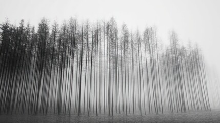 A misty forest scene with tall, slender trees fading into the fog, creating a serene and mysterious atmosphere.