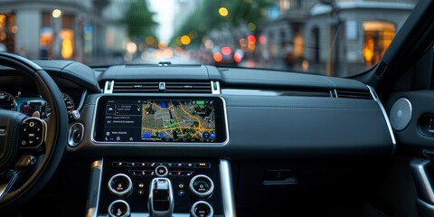 Car interior with dashboard and navigation system, driving through city with blurred lights. Concept of technology and urban driving. For car technology photo