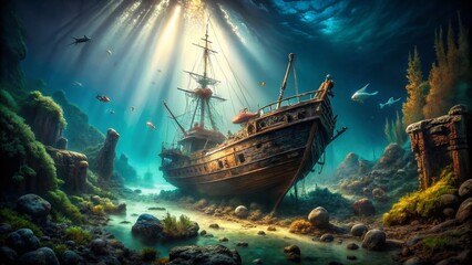 Fototapeta premium Sunken Treasure Shipwreck in the Abyssal Depths: A 4K Hyperrealistic Low Light Photography Experience Capturing Mysteries of the Ocean Floor and Lost Maritime History
