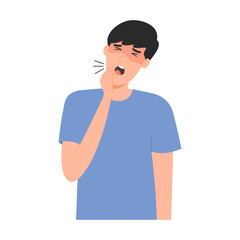 Sick man with asthma, dry cough. Child sneeze spreads virus. Male unwell with fever, flu, allergies, infection. Vector illustration isolated on white background