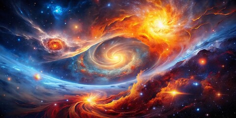 Fototapeta premium Surreal Abstract Space Nebula with Fiery and Icy Swirls, Radiant Stars, and a Cosmic Dance of Colorful Celestial Elements in a Dreamlike Universe