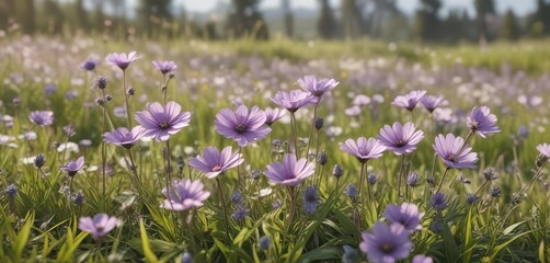 Obraz premium Pastel violet flowers bloom in a sunny meadow, natural beauty, meadow scenery