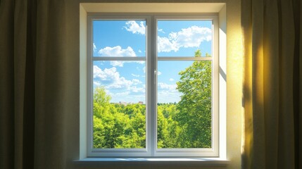 Obraz premium An apartment window with a scenic view of a lush green forest and clear blue sky.
