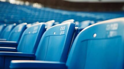 Fototapeta premium Rows of blue stadium seats with seat numbers visible