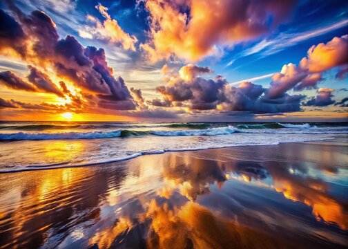 Surreal Atlantic Ocean Sunset Over Surging Waves at Fonte da Telha Beach, Costa da Caparica, Portugal Captured in Dreamlike Vivid Colors and Dramatic Lighting