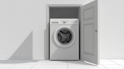 A modern white washing machine with its door open, set in a neat laundry room.

