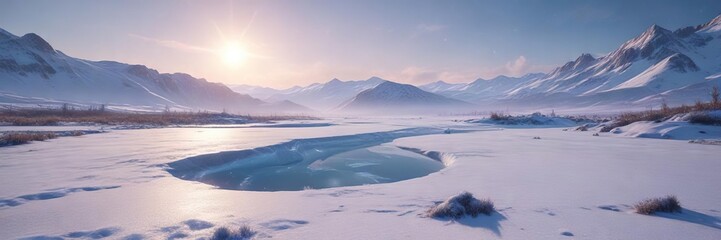 Obraz premium Shimmering iridescent mist floats through an empty snowy landscape, casting a dreamlike spell over the frozen terrain, quiet contemplation, serene ambiance