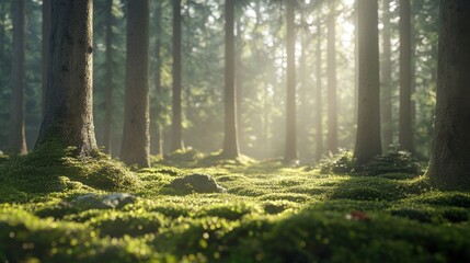 A serene forest scene with sunlight filtering through trees, illuminating a moss-covered ground.