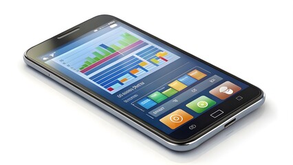 A smartphone with a financial app displayed on the screen, isolated on a white background, showcasing modern technology, digital banking, financial management, and mobile innovation
