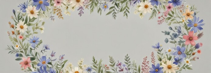 Obraz premium Watercolor painting of simple wildflowers forming a charming wreath, decorative element, design, bright