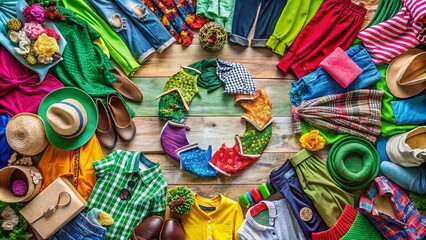 Fototapeta premium Surreal Exploration of Circular Fashion: A Top View of Second-Hand Clothes in an Eco-Friendly Wardrobe Emphasizing Sustainable Shopping and Recycling Practices