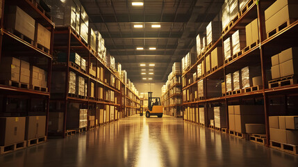 Fototapeta premium modern warehouse organized shelves goods cardboard boxes forklift efficiency professional well-organized industrial industry logistics storage building