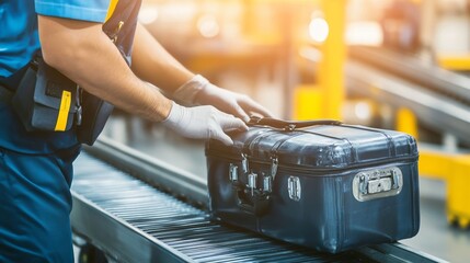 Security officer meticulously inspecting baggage at airport checkpoint, ensuring safety and compliance with travel regulations.