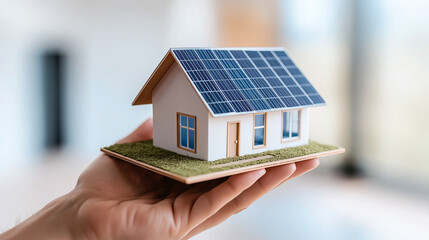 hand holding model house with solar panels, symbolizing sustainable living and eco friendly architecture. This captures innovation in home design and renewable energy