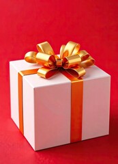 Obraz premium White gift box with golden bow on red background, wrapping paper, bow