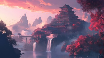 Fototapeta premium A stunning eastern palace amid waterfalls and mountains at sunset, glowing in vibrant orange and pink, creates a serene atmosphere. Generative AI
