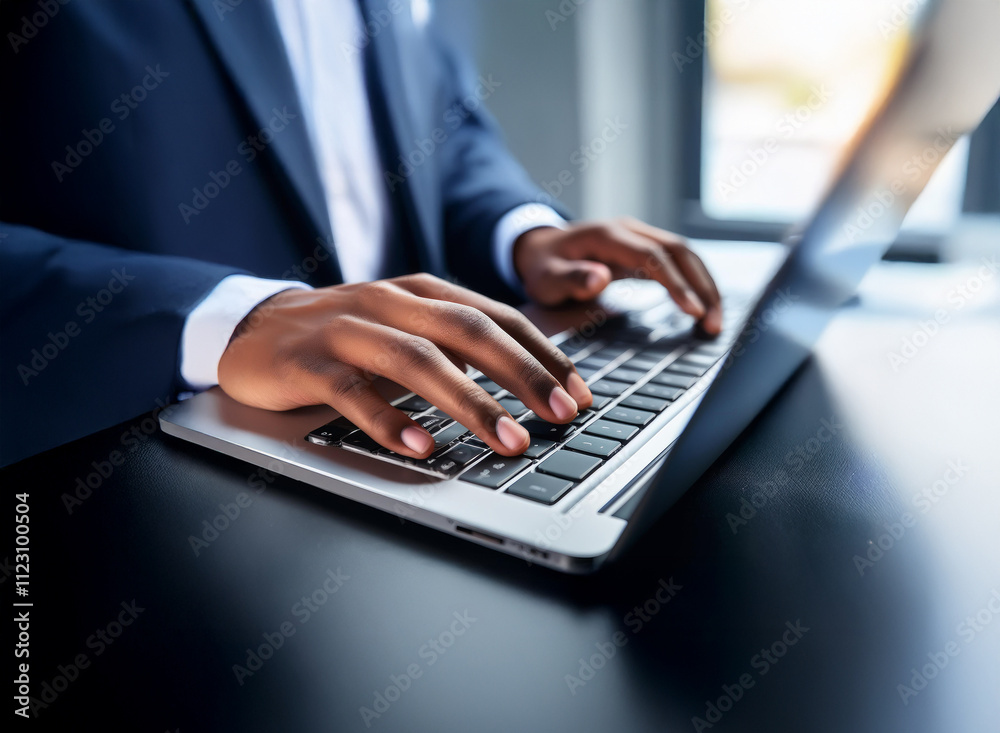 Poster close-up of hands typing on a laptop keyboard. the person is wearing a business suit, suggesting wor