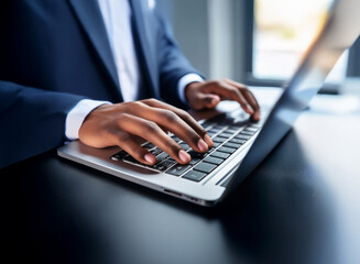 Close-up of hands typing on a laptop keyboard.  The person is wearing a business suit, suggesting work or professional activity.  The setting appears to be a modern office.
