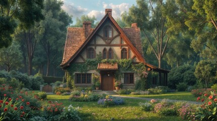 Fototapeta premium Charming Tudor-style cottage with flowering garden and forest backdrop. Fairytale architectural scene featuring ivy-covered walls, gothic windows and lush landscape with colorful blooms