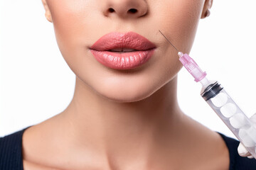 Lip injections concept. Young lady getting beauty injection in her lips, beautician holding syringe with filler next to woman mouth