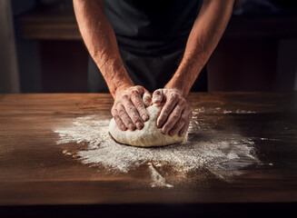 Close-up of hands kneading dough on a wooden surface, flour dusting the table.  The process of bread making is shown.