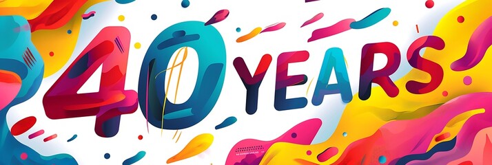 Naklejka premium A vibrant graphic celebrating 40 years, featuring colorful splashes and bold typography.
