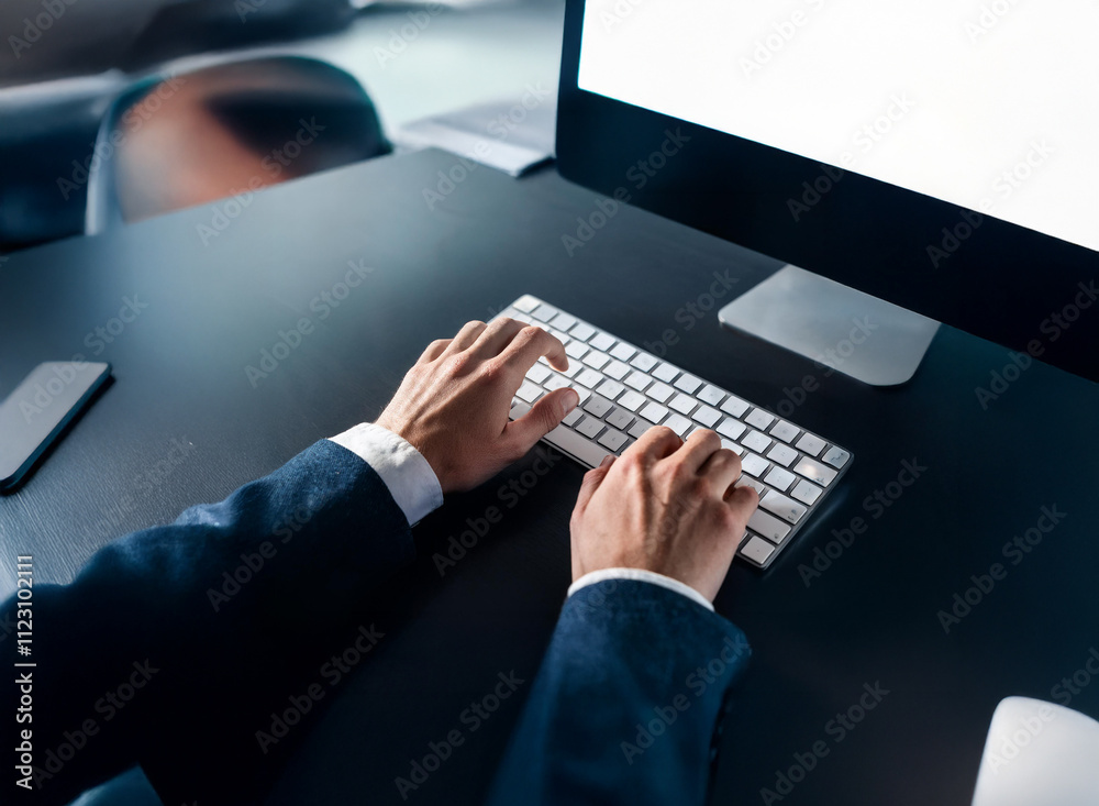 Poster Close-up of hands in a suit typing on a sleek, modern keyboard in front of a desktop computer with a blank screen.  The scene suggests work, efficiency, and technology.