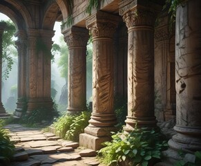 Fototapeta premium Ancient stone pillars adorned with greenery and vines in an old temple or ruin, exotic decor, sacred spaces, mystical atmosphere
