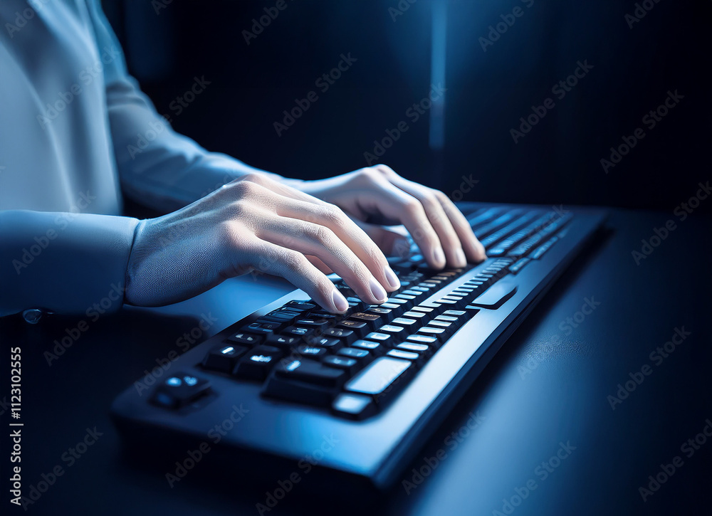 Poster close-up of hands typing on a keyboard in a dimly lit room. the blue light illuminates the scene, hi