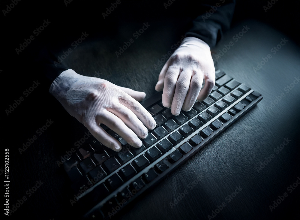 Poster two gloved hands stealthily type on a dark keyboard in low light. a sense of mystery and intrigue pe