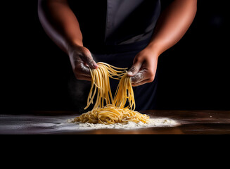 Chef's hands delicately handle freshly made pasta dusted with flour against a dark background.  The scene is dramatic and highlights the texture and preparation of the food.