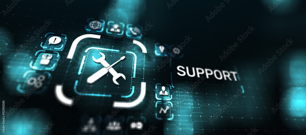 Poster Support button on virtual screen. Customer service and communication concept.